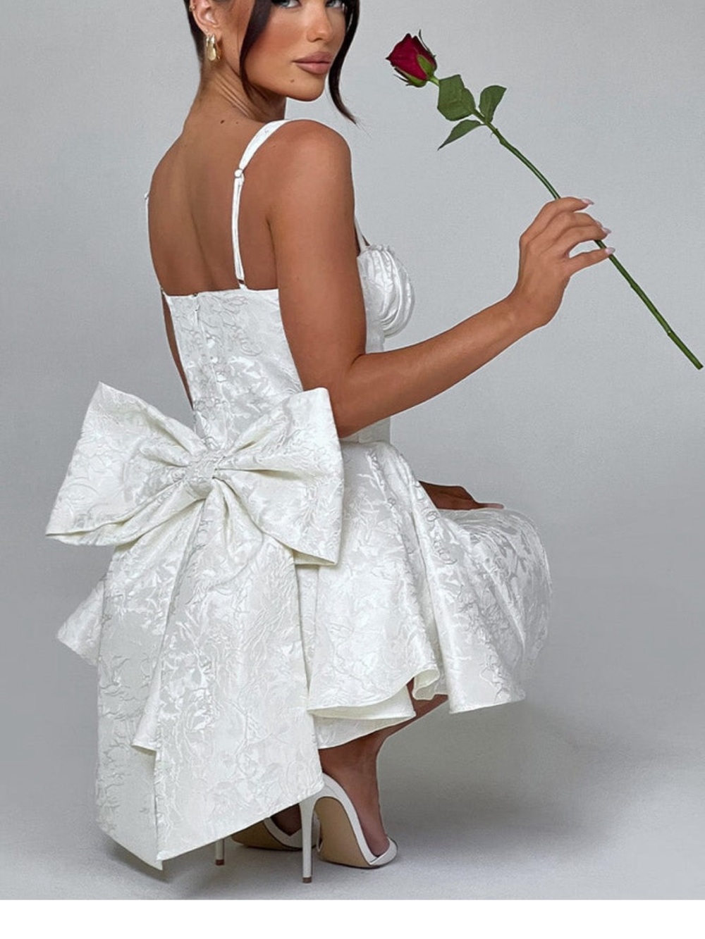 White Floral Jacquard Mini Dress with Statement Bow